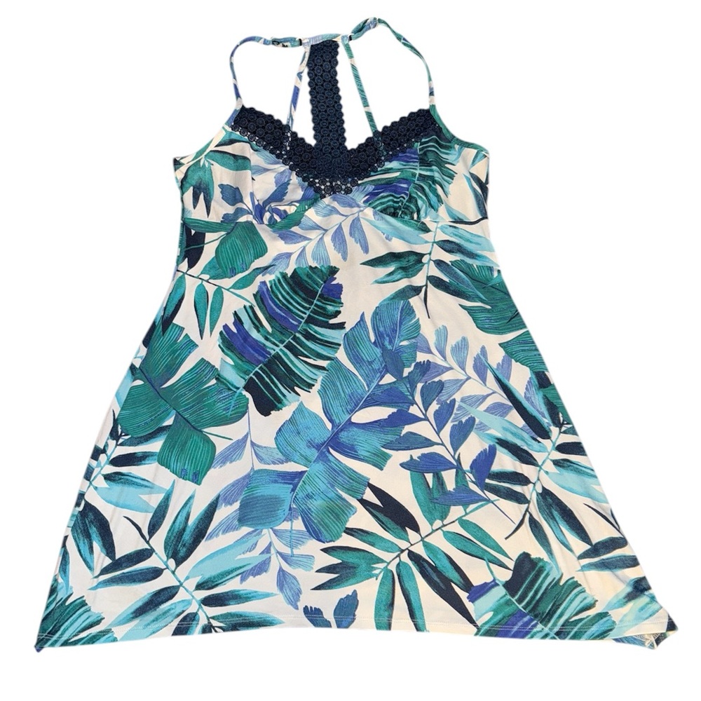Tropical Leaf Print Dress with Crochet Detail